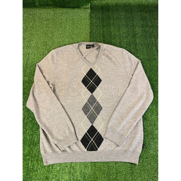 Hugo Boss Other - Hugo Boss Mens Argyle V-Neck Sweater Grey 100% Virgin Wool Slim Fit XXL